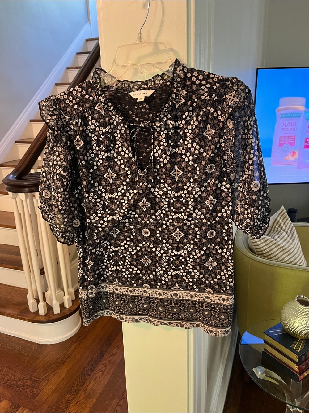 Lucky Brand Black Floral Lace-Up Women's Blouse